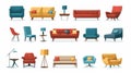 Set of modern home decor items. Sofa, couch, armchair, chair, lamp, apartment room decor. Isolated modern illustrations Royalty Free Stock Photo