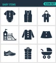 Set of modern icons. Baby items clothes, jacket, sweater, shirt, shoes, stroller, playground. Black signs