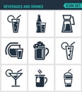 Set of modern icons. Beverages and drinks shake, martini, bottle, bar, cocktail, alcohol, glass, soda, juice drink Black Royalty Free Stock Photo