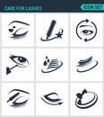 Set of modern icons. Care for lashes cosmetics, eyes, eyebrows, eyelashes, pencil, eyeliner, mascara. Black signs