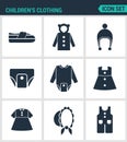 Set of modern icons. Children s clothing shoes, jacket, raglan, cap, diapers, clothes, hat, pants. Black signs