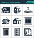 Set of modern icons. Construction of houses plaster walls, eco-house, bar, tap, break down the walls, windows, doors