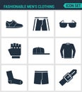 Set of modern icons. Fashionable men s clothing Sneakers shorts, glasses, gloves, cap, sweater, socks, pants, belt Black Royalty Free Stock Photo