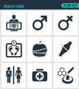 Set of modern icons. Health Care rengen woman, Man, weight, apple, joints, first aid kit, laboratory. Black signs