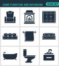 Set of modern icons. Home furniture and bathroom armchair, fireplace, wardrobe, sofa, towel, bath, toilet, washbasin Black