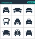 Set of modern icons. Kinds of cars, suv, car, bus, muskulkar, b gfut taxi biznes avtomobil retrocars. Black signs Royalty Free Stock Photo