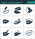 Set of modern icons. Makeup lipstick cosmetics lips, Lip pencil, lipstick, gloss, protection. Black signs Royalty Free Stock Photo