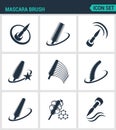 Set of modern icons. Mascara brush mascara, increase volume, different, kinds, brushes, new formula. Black signs Royalty Free Stock Photo