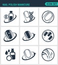 Set of modern icons. Nail polish manicure, care, shine. Black signs on a white background. Design isolated symbols