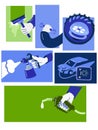 A set of modern illustrations for the theme of auto repair. Washing, refueling, tire fitting, diagnostics, painting