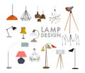 Industrial style lamps collection. vector illustration. web site banner. online shop logo advert. interior design. loft style. des