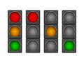 Set of 4 modern led traffic light with different sequence of switching-on red, yellow, green lights.