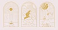 Set of modern line art summer icons with mermaid, flamingo and ship. Set of summer posters. Royalty Free Stock Photo