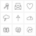 Set of 9 Modern Line Icons of arrow, upload, love, up, thunder