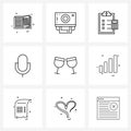 Set of 9 Modern Line Icons of drinks, cheers, clipboard, sound, mic