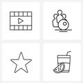 Set of 4 Modern Line Icons of film; star; multimedia; bowling; fruit