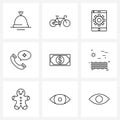 Set of 9 Modern Line Icons of money, call, ride, hospital, gear