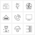 Set of 9 Modern Line Icons of phone, shop, pin, business, open