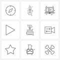 Set of 9 Modern Line Icons of record, love, laptop, heart, cake Royalty Free Stock Photo