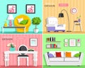 Set of modern living room interior elements: sofa, armchair, chair, table, lamp, shelves, pictures. Flat style.