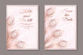 Invitation design with rose gold peacock feathers on a pink background