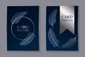 Design templates with silver feathers on a navy blue background