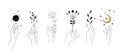 Set of modern minimalistic tattoos in boho design. Magical drawing of hands and flowers, plants, planets, moon. Modern