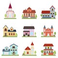 Set with modern nice private houses and church buildings of different shapes and colors Royalty Free Stock Photo