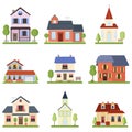 Set with modern nice private houses and church buildings of different shapes and colors Royalty Free Stock Photo