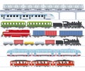 Set of modern passenger trains, subway transport, high speed trains and subway train, tram, cargo train - illustration