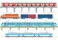 Set of modern passenger trains, subway transport, high speed trains and subway train, tram, cargo train