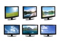 Set of modern plasma TVs with landscape on screens against background Royalty Free Stock Photo