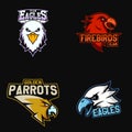Set of modern professional logo for sport team. Eagles, firebirds, parrots mascot Vector symbol on a dark background