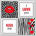 Set of modern romantic cards and banners. Realistic red lips on leopard print background. Black zebra stripes and hearts