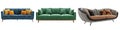 Set of modern sofas in blue, green and brown colors isolated on transparent background. Modern sofas close-up, front