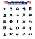 Set of 25 Modern Solid Glyph pack on USA Independence Day declaration; bottle; donut; american; drink