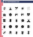 Set of 25 Modern Solid Glyph pack on USA Independence Day drum; american; sausage; fire; star