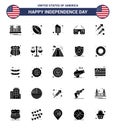 Set of 25 Modern Solid Glyph pack on USA Independence Day usa; glasses; sports; sunglasses; food Royalty Free Stock Photo