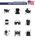 Set of 9 Modern Solid Glyphs pack on USA Independence Day imerican; sunglasses; location; usa; eat Royalty Free Stock Photo