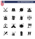 Set of 16 Modern Solid Glyphs pack on USA Independence Day landmark; building; baseball; wisconsin; madison