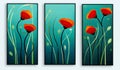 A set of modern three paintings of red flowers and green grass. Plant art design. Royalty Free Stock Photo