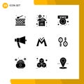Set of 9 Modern UI Icons Symbols Signs for monetary unit, megaphone, commerce, loud, ads