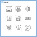 Set of 9 Modern UI Icons Symbols Signs for public, chair, shop, planner, notebook