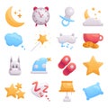 Set of modern vector flat baby icons on the topic of sleep time. Cute decorations for baby items and room. Image of the moon and