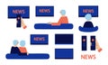 Set of vector isolated illustrations in flat style. Embracing senior couple sitting on couch, watching news at home