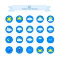 Set of 20 weather icons Flat vector icons on blue background. Royalty Free Stock Photo