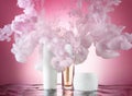 A set of moisturizing cosmetics in a water wave with pink paint clubs around, pink background