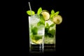 Set of Mojito cocktails, garnished with fresh mint and a slice of lime in a tall glass