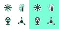 Set Molecule, Bacteria, Radioactive in location and Chemical explosion icon. Vector