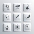 Set Molecule, Chemistry report, Bacteria, Pipette, Microscope, Stethoscope, Earth globe and Explosion in the flask icon